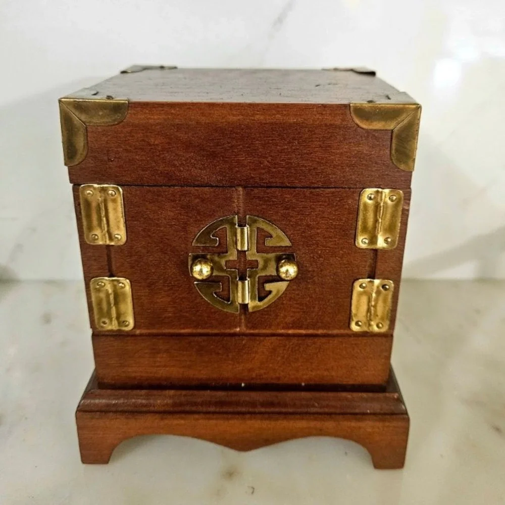 Vintage Asian Style Wooden Trinket Box with Brass Accents and Coasters